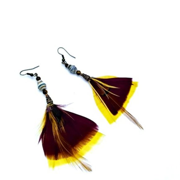 FEATHERS & TIGER EYE  BEADS/ BOHEMIAN/SOUTHWEST*HAND CRAFTED* - Picture 1 of 5